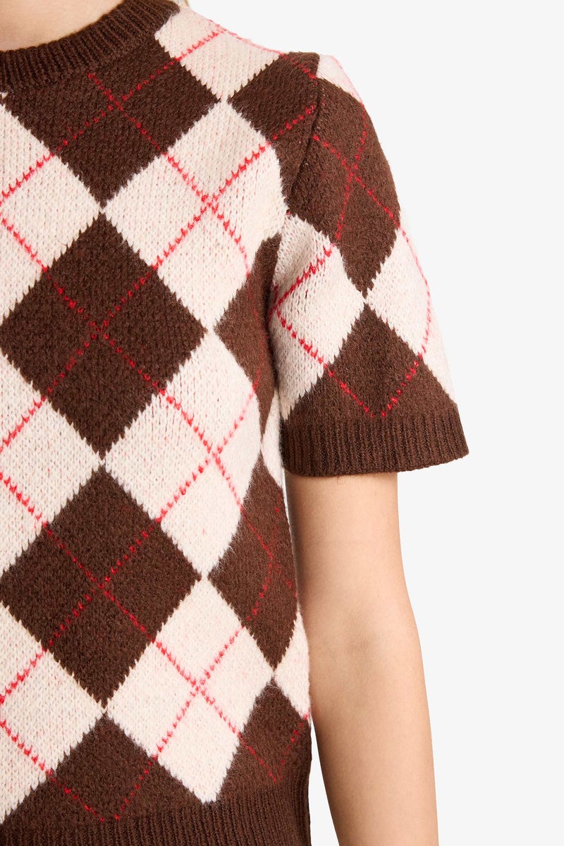 DeFacto Brown Woman Slim Fit Crew Neck Argyle Patterned Knit Pullover Casual - Image 5